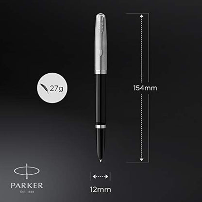 Parker 51 Fountain Pen | Black Barrel with Chrome Trim | Fine Nib with Black Ink Cartridge | Gift Box