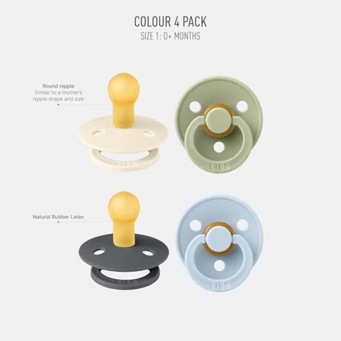 BIBS Dummies Colour 4-Pack, BPA Free Dummy Pacifier, Round Nipple Soothers, Natural Rubber Latex, Made in Denmark. 0-6 Months (Pack of 4), Iron Mix
