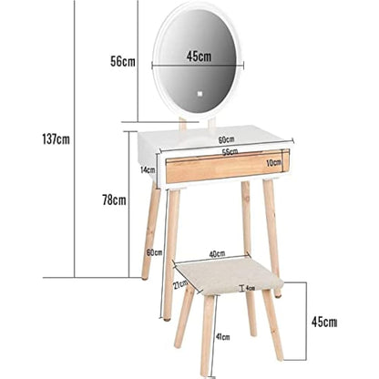 YOURLITE Makeup Vanity Dressing Table Mirror Cosmetic Vanity Dressing Cabinet with Stool Dresser with LED Mirror, Wood Color, 1 Drawer