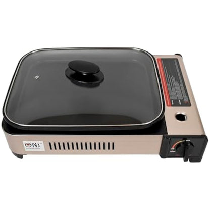 NJ Portable Gas BBQ Deep Dish Grill Stove Tabletop Camping Cooker Non-stick Pan Glass LID