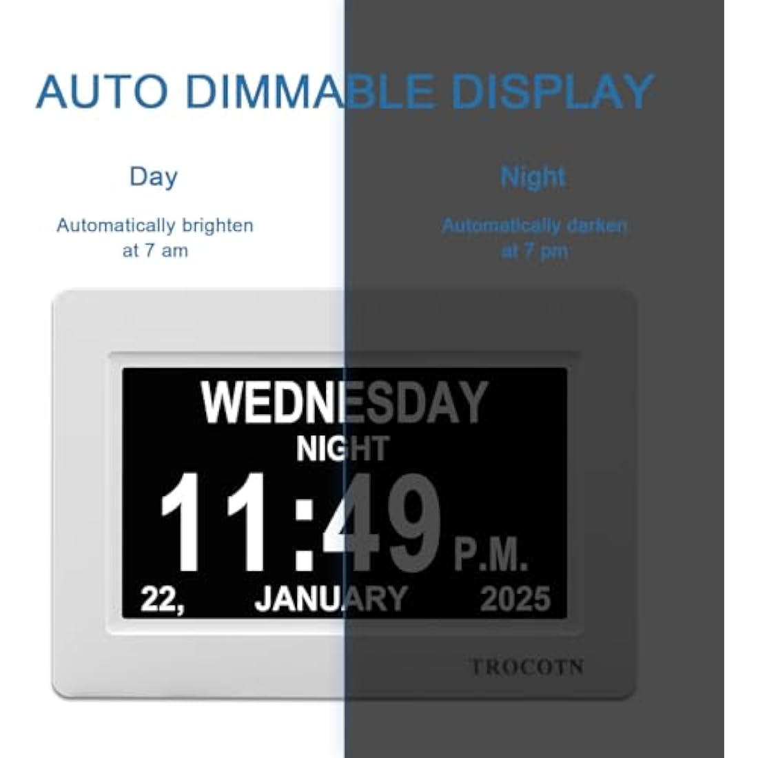 TROCOTN dementia clock, digital clock with date and day for elderly, day date large display calendar (7 Inches White)