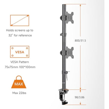 Bracwiser Vertical Dual Monitor Mount Fits 13-27 Inch LCD LED Monitor Computer PC Screens,Clamp Mounting, Fully Adjustable Desk Mount. MD7802