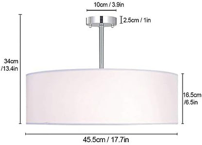 SPARKSOR Ceiling Light, Modern Fabric Pendant Light Shade, Large White Drum Lampshade, Round Pendant Lamp, for Bedroom Living Room, Flush Chrome Matt, 3 Bulb, E27