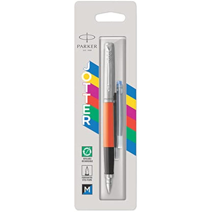Parker Jotter Originals Fountain Pen | Classic Orange Finish | Medium Nib | Blue & Black Ink