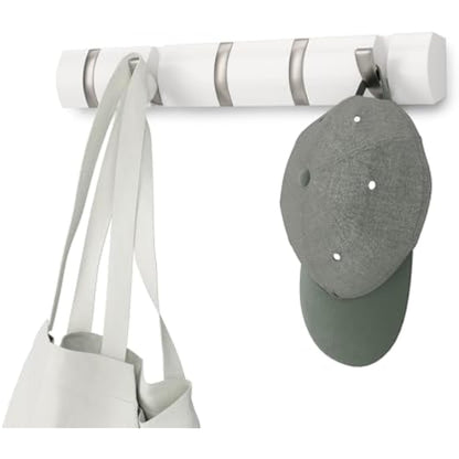 Umbra Flip 5-Hook Wall Mounted Coat Rack, Modern, Sleek, Space-Saving Coat Hanger with 5 Retractable Hooks to Hang Coats, Scarfs, Purses and More, White/Nickel