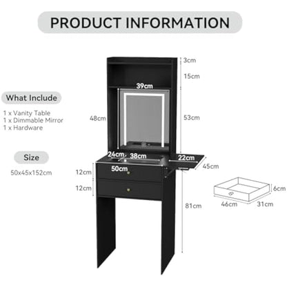 YOURLITE Dressing Table with LED Lights, Vanity Table with Adjustable Brightness Mirror, Glass Tabletop Makeup Desk with 2 Drawers & shelves, Small Compact Black Makeup Table with Fold-up Panel