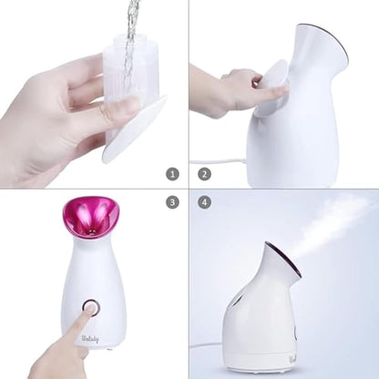 Facial Steamer, Wolady Nano Ionic Face Steamer for Pores with UV Light Hot Mist Moisturizing Sprayer Home Sauna SPA Bonus Blackhead Extractor Kit (Pink)