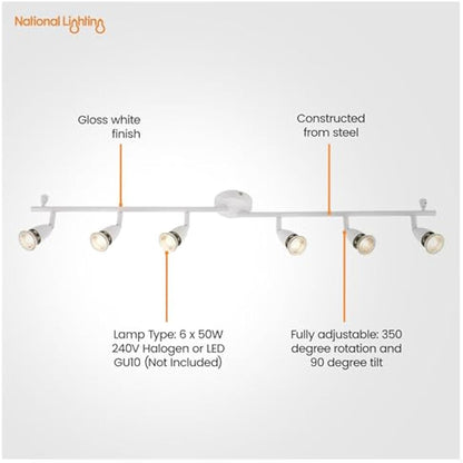 Saxby Lighting Amalfi six spotlight bar, Gloss White Finish, for Living Room, Kitchen, Bedroom