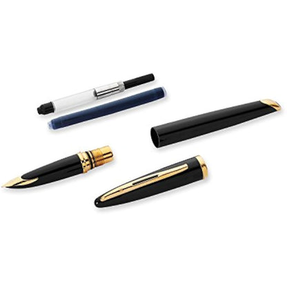 Waterman Carène Black Sea Fountain Pen | High-Gloss Black & 23k Gold Clip | Medium Nib with Blue Ink Cartridge | Gift Box