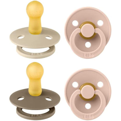 BIBS Dummies Colour 4-Pack, BPA Free Dummy Pacifier, Round Nipple Soothers, Natural Rubber Latex, Made in Denmark. 6-18 Months (Pack of 4), Baby Blush Colours