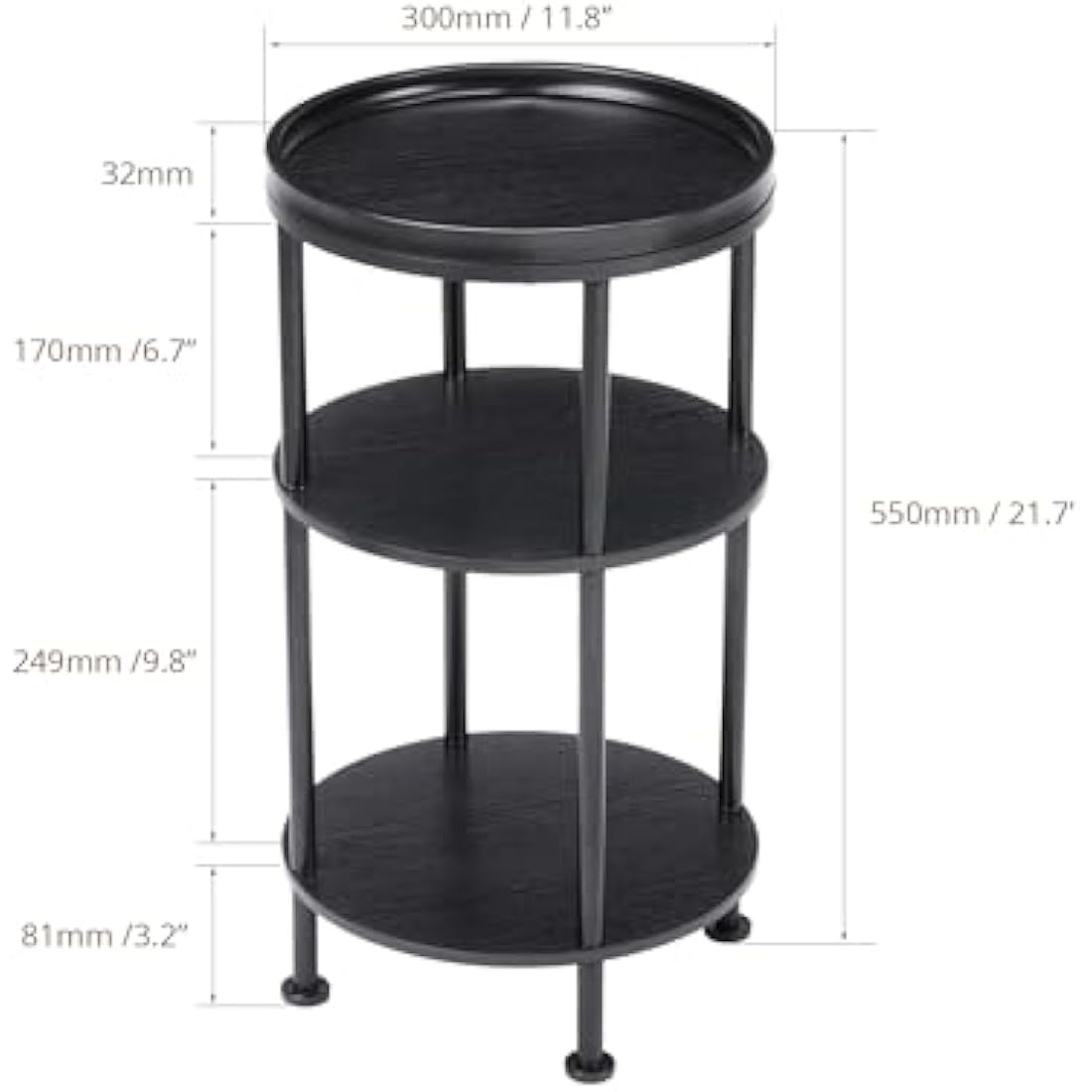 YEAKOO Nordic End Table, 3-Tier 30cm Round Side Table with Storage Shelf Edge Protection Tray, Sturdy Metal Frame Coffee Table Bedside Table for Living Room Bedroom Small Spaces/Black