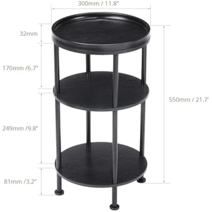 YEAKOO Nordic End Table, 3-Tier 30cm Round Side Table with Storage Shelf Edge Protection Tray, Sturdy Metal Frame Coffee Table Bedside Table for Living Room Bedroom Small Spaces/Black