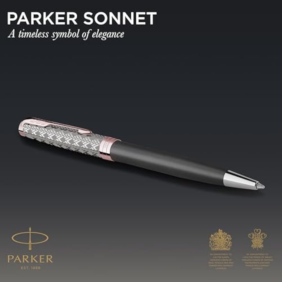 PARKER Sonnet Ballpoint Pen | Premium Metal and Grey Satin Finish with Rose Gold Trim | Medium Point with Black Ink Refill | Gift Box