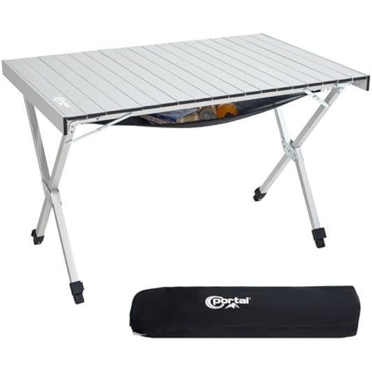 PORTAL Large Camping Table Folding 108x71cm Height Adjustable Picnic Table Foldable All Aluminum Roll Up Top Collapsible Outdoor Desk Lightweight Garden Table Load 100KG for Caravan BBQ Dining Beach