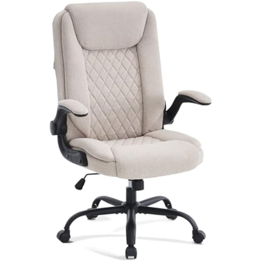 CASTLOVE Ergonomic Office Chair Computer Chair Executive Office Chair with Flip Up Armrest High Back Rocking Function Height Adjustable Comfortable Desk Chair for Home Office Fabric Cream