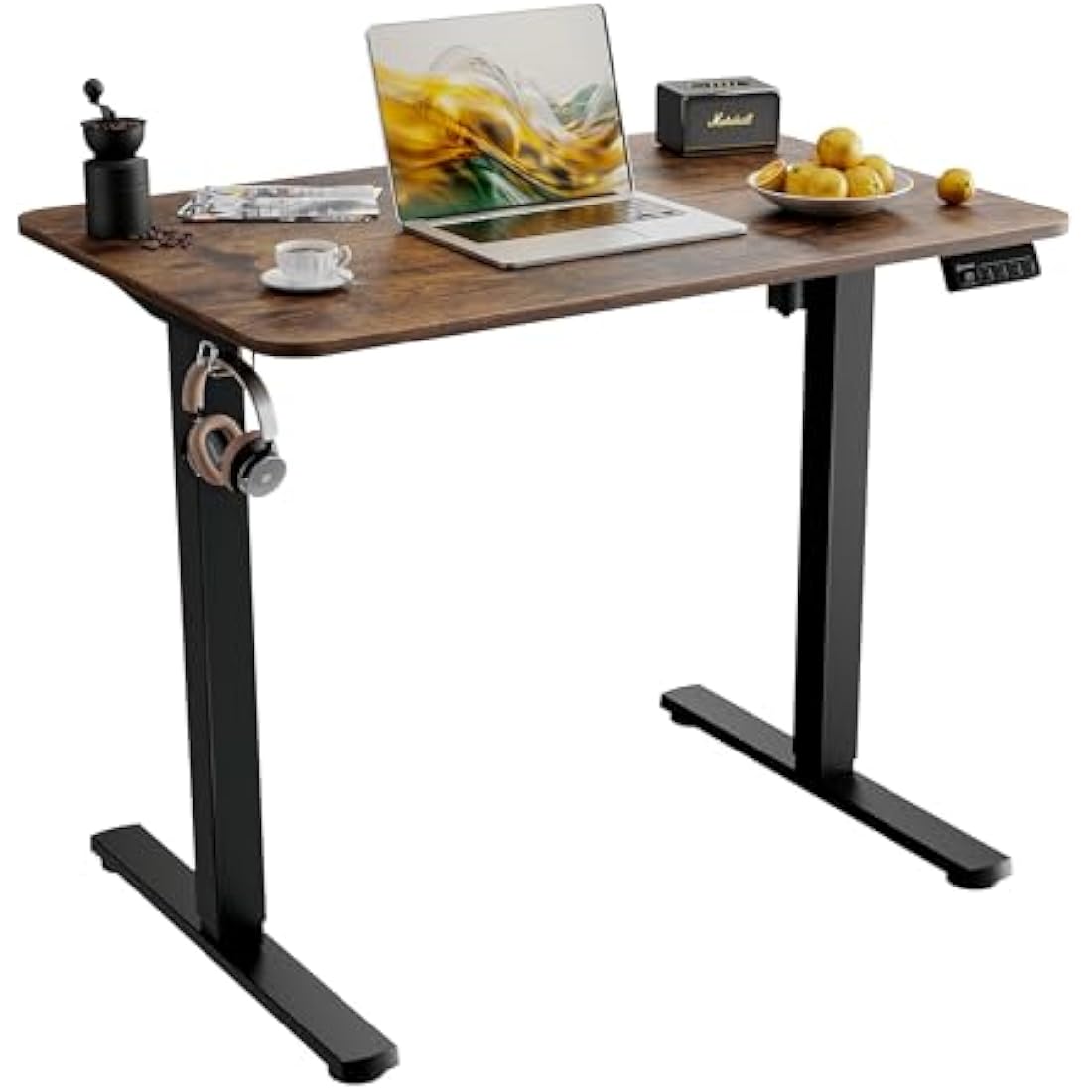 ERGOMAKER Electric Standing Desk 90x60cm, Height Adjustable Sit Stand Desk with Memory Handset Hooks for Home Office(Rustic Brown)