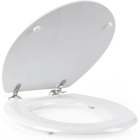 Beldray Toilet Seat - O Shaped White Tongue & Groove Wooden Cover, 18 Inch 36 x 42.8 cm, Fits Most Standard Sized Toilets, Stainless Steel Hinges, Simple Fitting, Quick Release For Easy Cleaning