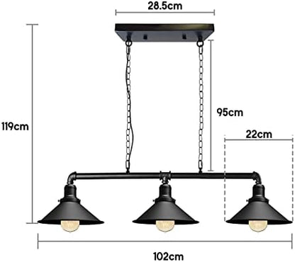 LEDSone Industrial 3 Way Pipe Pendant Lamp E27 Lamp Holder 22cm Black Cone Shade Ceiling Light Fixture with 95cm Adjustable Hanging Chandelier for Dining Room, Kitchen Island, Bar