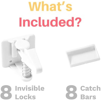 Inaya Cabinet Locks Baby Proofing - Child Proof Drawer Locks - Child Safety Cabinet Latches with 3M Adhesive Easy Installation - No Drilling or Extra Screws (8 Pack)