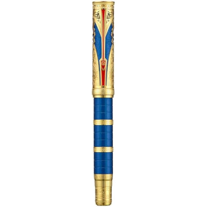 Hongdian D5 Qin Dynasty Fountain Pen Blue Gold, Extra Fine Nib Piston Filling Pen, Retro Chinese Totem Engraving Smooth Writing Pen with Pen Box Set