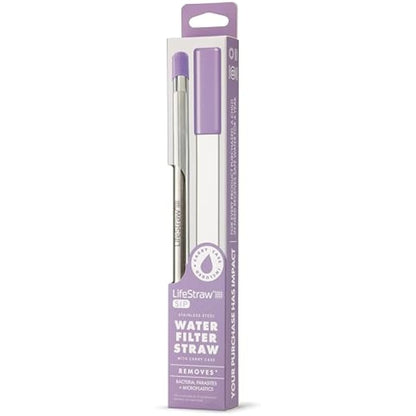 LifeStraw Sip – Reusable Stainless Steel Water Filter Drinking Straw with Carry Case, Removes Microplastics, Bacteria and Parasites for Travel and Everyday Use, Thistle Purple