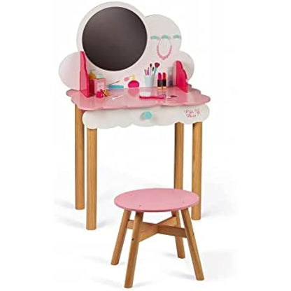 Janod - P'tite Miss Wooden Dressing Table for Children - 10 Accessories Included - Pretend Play - For children from the Age of 3, J06553, Pink and White