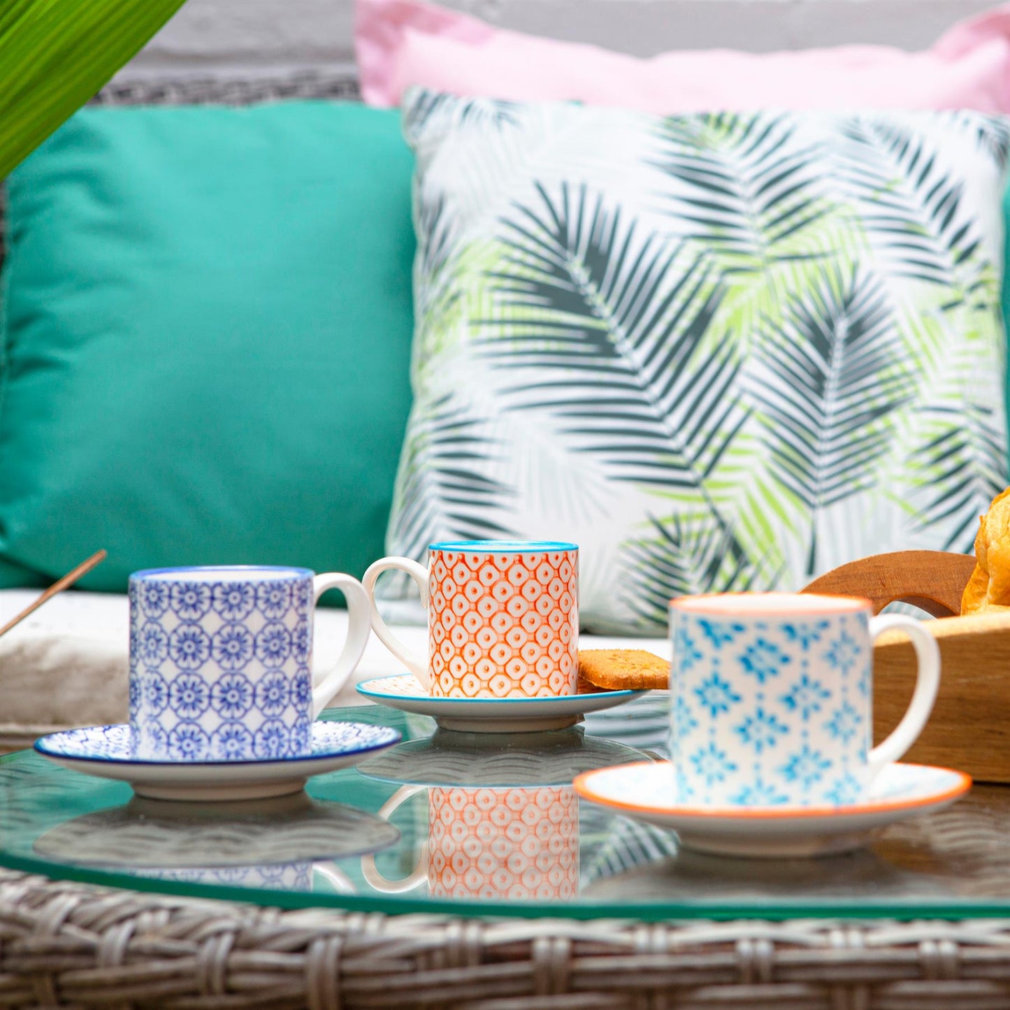 12pc 65ml Hand-Printed Stoneware Multicoloured Espresso Cup & Saucer Set