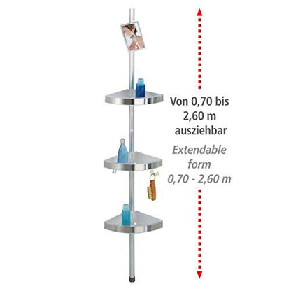 Wenko 20349100 Telescopic Shower Corner Element Premium 3 Shelves, 2 Hooks and Mirror, Metal Aluminium, 27.5 x 70260 x 20 cm, Satinised