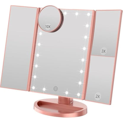 WEILY Tri-fold Vanity Mirror, 21 LEDs and 2X/3X Magnification, Touch Switch for Adjusting Brightness, Dual Power Supply mode Makeup Mirror (Rose Gold)
