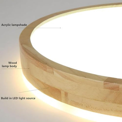 YYUTLUO LED Ceiling Light Wood, Top 360° Glow Round Natural Wooden Lamp | Dimmable with Remote Control 2700K-6500K, 48W | Living Room, Dining Room, Hallway, Home, Office, Children's Room(Ø60cm)