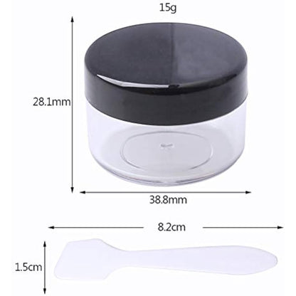 kuou 10 * 15ml Empty Plastic Cosmetic Jars, Sample Containers Pots Bottles with Black Screw Lids and 5pcs Spatulas for DIY Travel Makeup Creams/Powder/Mineral Make Up Cosmetic