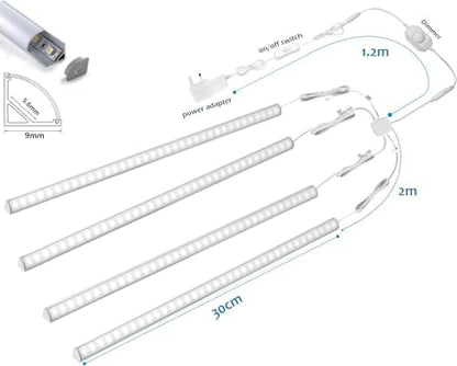 Cefrank V-Shape Under Cabinet Lighting Kit - 4pcs Sleeker 30cm Dimmable LED Light Bars for Showcase Shelf Seamless Illumination - 1200lm, 12W - Pure White (6000K)