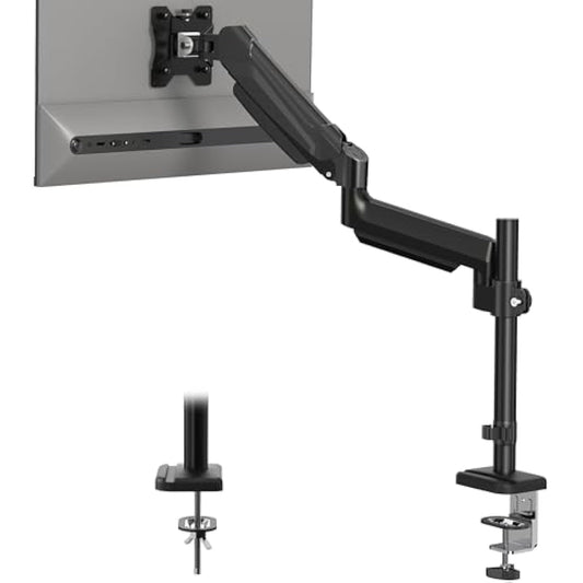 BONTEC Single Monitor Arm Desk Mount for 13-32 Inch Screens, Adjustable Gas Spring Arm Stand, VESA 75/100mm, 9kg Capacity, Tilt, Swivel, 360° Rotation, C-Clamp & Grommet Options, Ergonomic Design