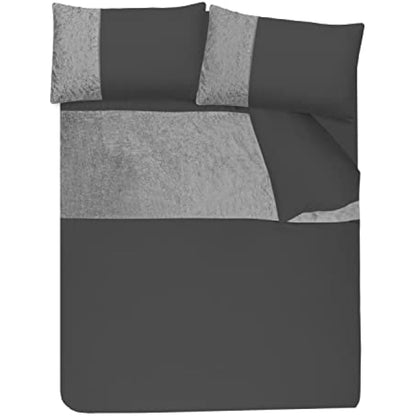 Sleepdown Velvet Cuff Charcoal Grey Panel Band Luxury Soft Cosy Duvet Cover Quilt Bedding Set with Pillowcases - King (220cm x 230cm)