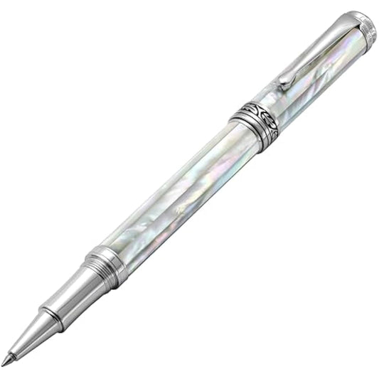 Xezo Maestro Rollerball Pen, Fine Point. Oceanic White Mother of Pearl with Chrome Plating. Handcrafted, Limited Edition, Serialized. No Two Pens Alike