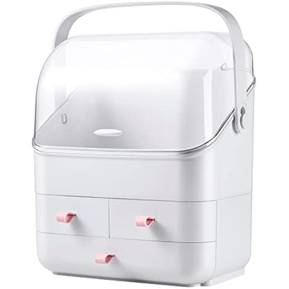LINFIDITE Cosmetic Storage Box with Lid Makeup Organizer Box with Dust Free Cover Portable Handle,Large Makeup Display Case with Drawers Fully Open Lid,Great for Bathroom Countertop Bedroom Dresser
