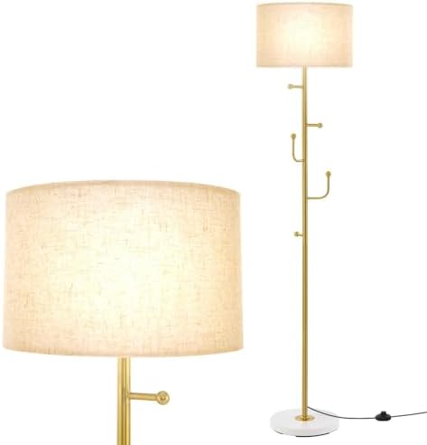GiantexUK Floor Lamp with Coat Rack, Multi-Purpose Standing Lamp with Linen Fabric Lampshade, 5 Hooks, E27 Socket, Foot Switch & Large Base, Modern Reading Light for Living Room Bedroom Office