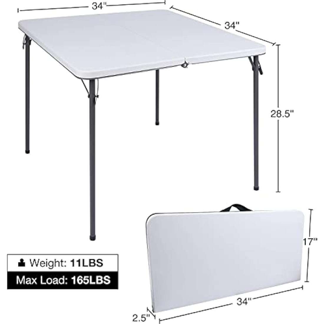 REDCAMP 34" Folding Card Table with Folding legs, Lightweight Portable Fold in Half Square Picnic Garden Table with for Adults Indoor Outdoor Game Bridge Dining, White