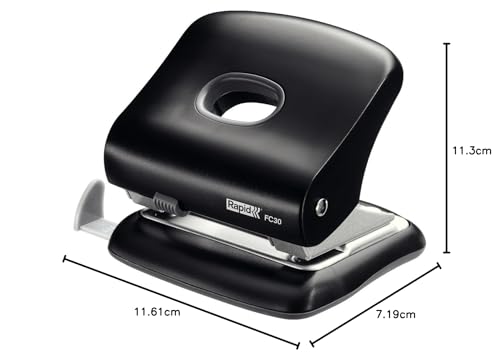 Rapid Fashion FC30 Strong 2 Hole Punch, Punches up to 30 Sheets, Adjustable Guide Bar, Ergonomic Design, Black, 23639401