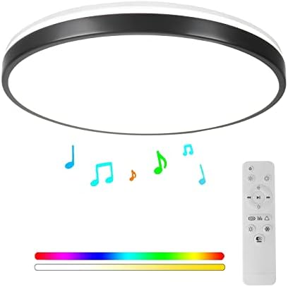 Horevo 24W Bluetooth Ceiling Light with Speaker 12inch, Music LED Ceiling Light with Black Bezel and Remote Control, Dimmable RGB Colour Changing for Kids Room Bathroom (Black)