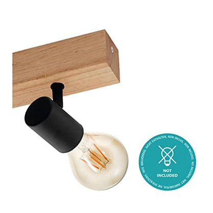 Eglo Townshend 3 Ceiling Light, 2-Flame Vintage Wall Spotlight with an Industrial/Retro Design Made of Steel and Wood, Black and Brown Colours, E27