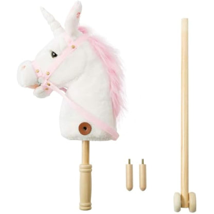 BEJOY Hobby Horse, Stick Horse with Wood Wheels - Real Pony Neighing Galloping Sounds - Plush Unicorn Toy Gift for Kids - White, 36 inches (AA Batteries Required)