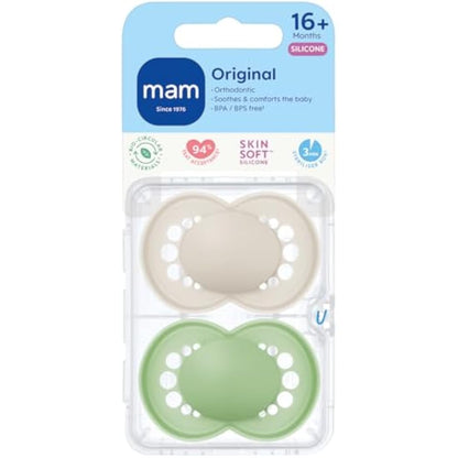MAM Original Soothers | 18-36 Months | Pack of 2 | Comes in Dummy Steriliser Box | Sustainable Materials | Baby Accessories | Cream (Various Designs)