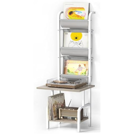 Bikoney Vinyl Record Storage with Player Stand, Turntable Stand and Display Shelf for Up to 200 Albums, Vinyl Record Holder Cabinet with Wall Mount for Living Room or Bedroom White