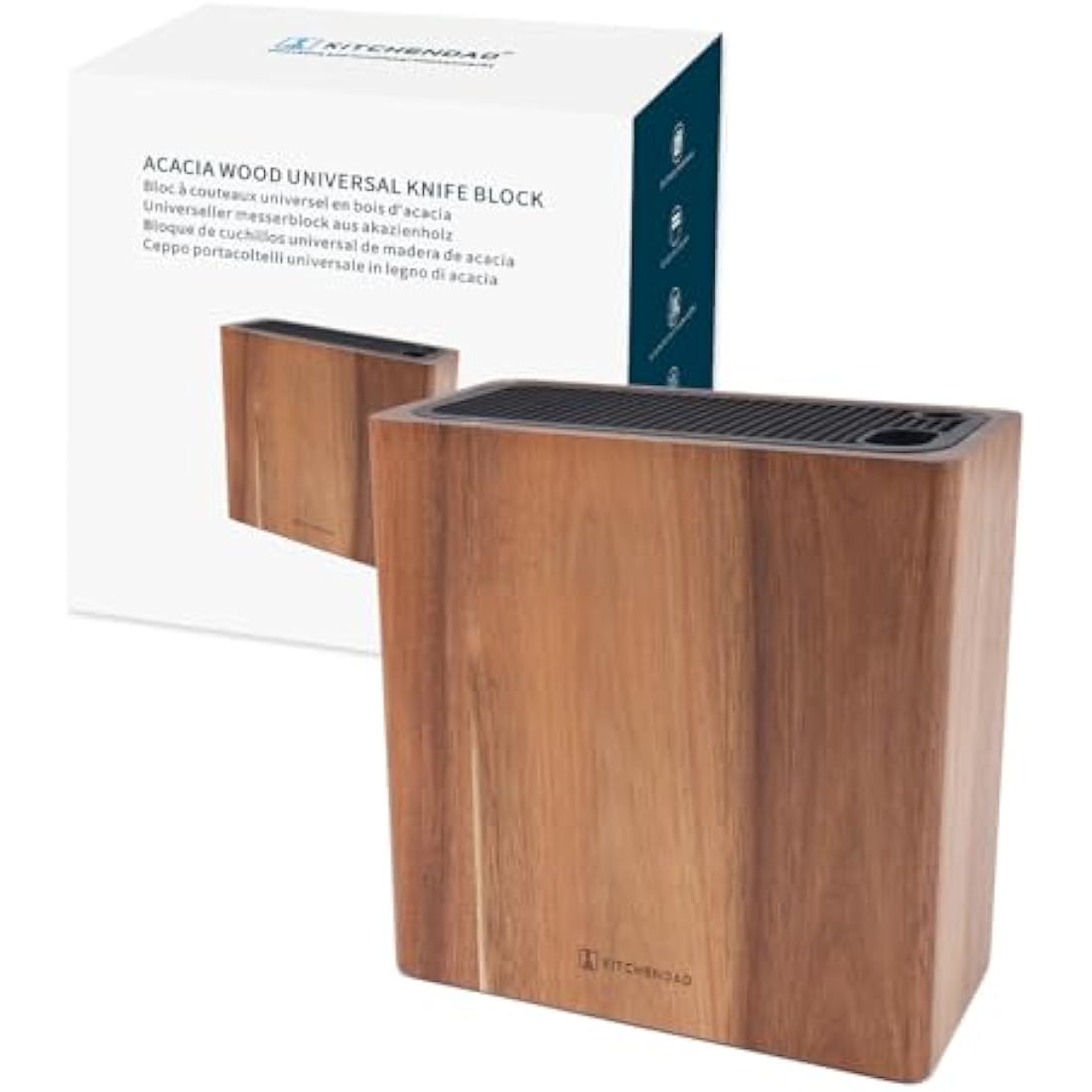 KITCHENDAO XL Acacia Wood Universal Knife Block Holder with Slots for Scissors and Sharpening Rod, Safe, Space Saver Knives Storage Stand Display Without Knives, Unique Slot Design to Protect Blade