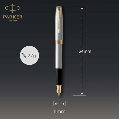 Parker Sonnet Fountain Pen | Stainless Steel with Gold Trim | Medium Nib | Gift Box