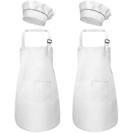 4 Pcs White Kids Apron and Chef Hat Set, Adjustable Children Aprons with Pockets for Boys Girls, Kitchen Garden Bib Aprons, Toddler Chef Apron for Baking Cooking Crafting Painting (M for 3-6 Age)