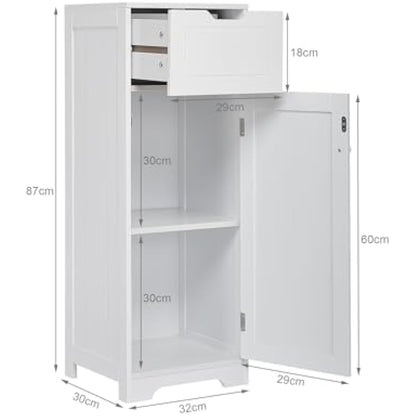 Mondeer Bathroom Floor Cabinet, Storage Unit With 1 Drawer 1 Door 2 Shelves, 32x30x87cm White MDF Painted Wood Free Standing Cupboard for Bathroom Living Room Porch