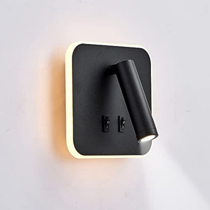 uksunvi LED Wall Mounted Lamp,Bedside Reading Wall Light,12W LED Wall Lamp, Adjustable Spotlight （3W +9W 3000K Warm Light） (Black Square)