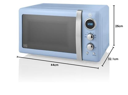 Swan SM22030LBLN Retro LED Digital Microwave with Glass Turntable, 5 Power levels & Defrost Setting, 20L, 800W, Blue